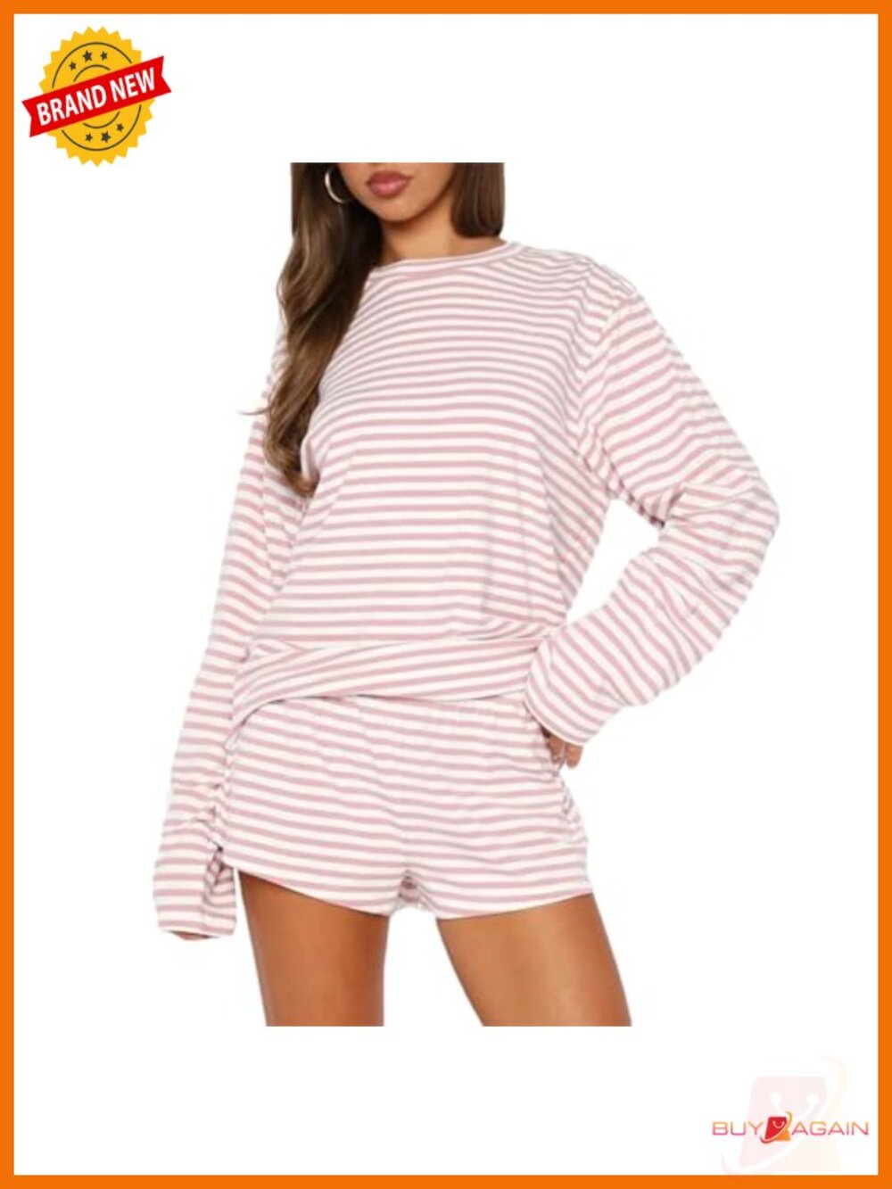 Women's Striped Lounge Set Long Sleeve Crewneck Top and Shorts Pajama Two Piece